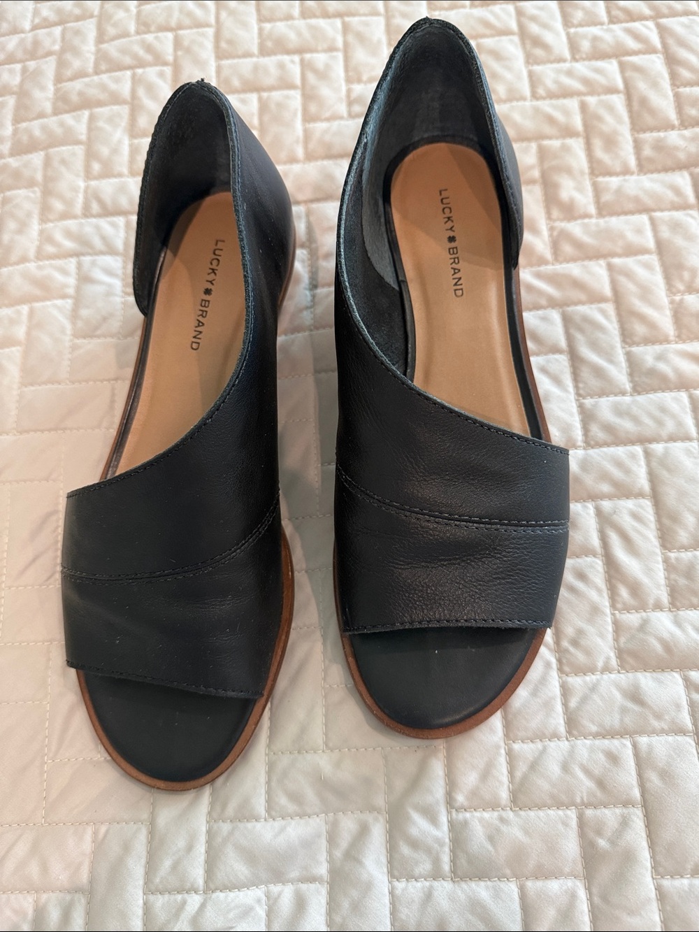 Lucky Brand Black Leather Peep-Toe Slide Sandals